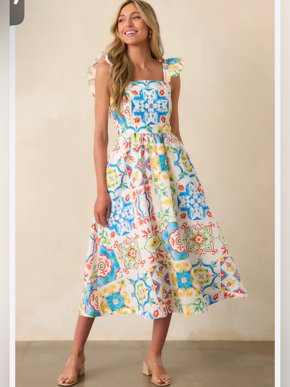Bright Multicolor Tile-Print Maxi Dress with Ruffle Straps